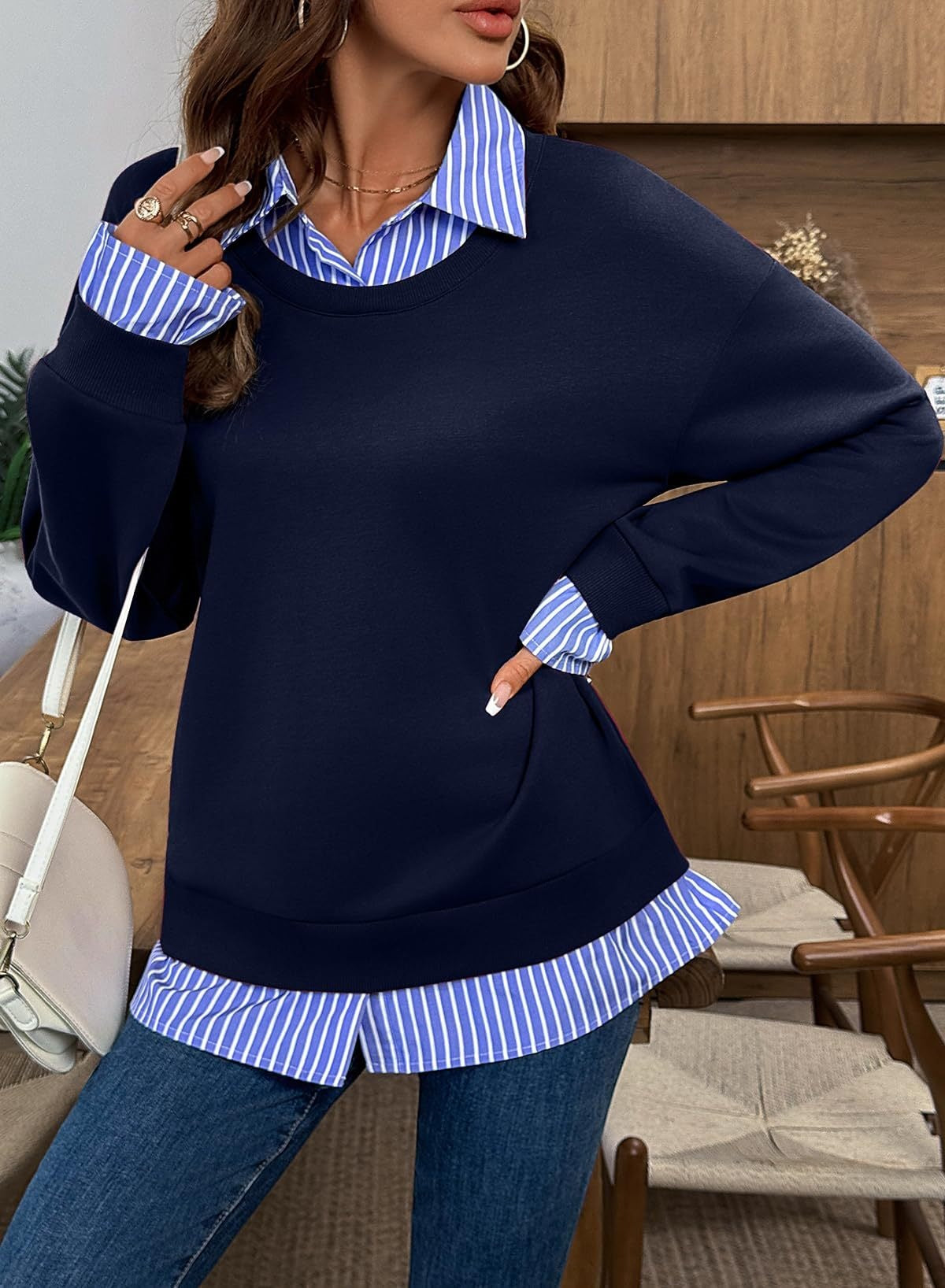 Faux Layered Crewneck Sweatshirt Striped Shirt Detail