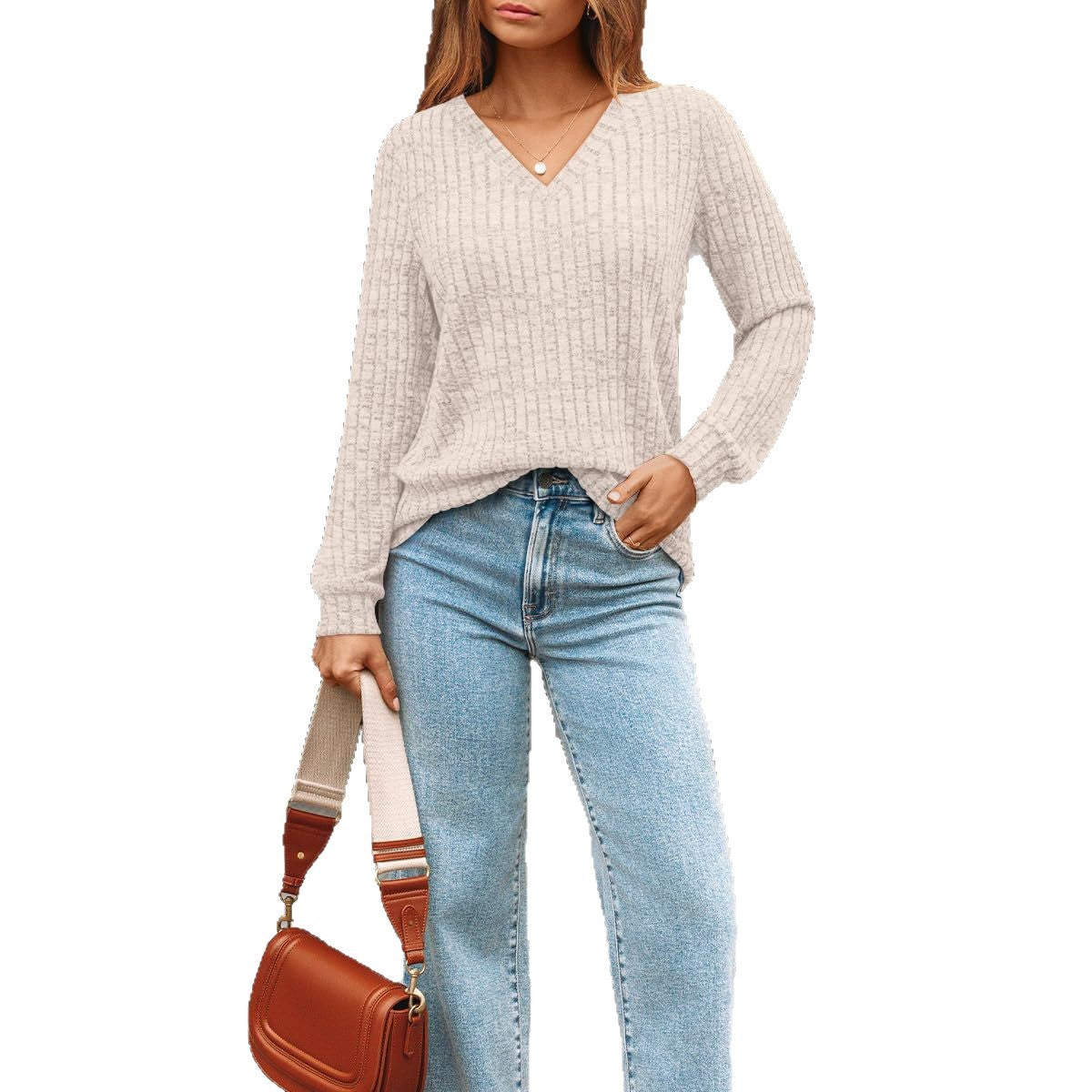 Women's Oversized V-Neck Long Sleeve Ribbed Pullover Top