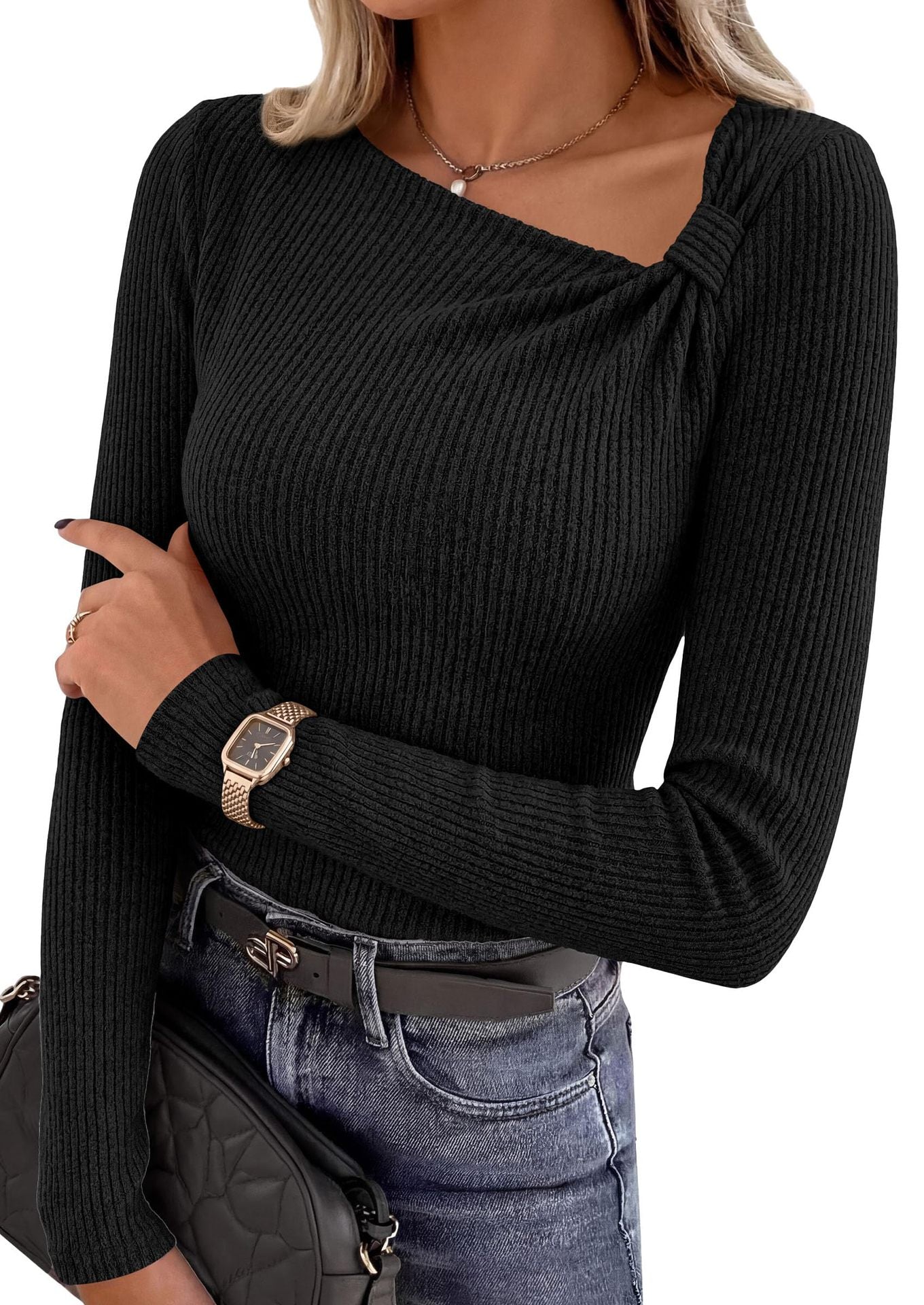 Asymmetrical Ribbed Knit Long Sleeve Sweater Top