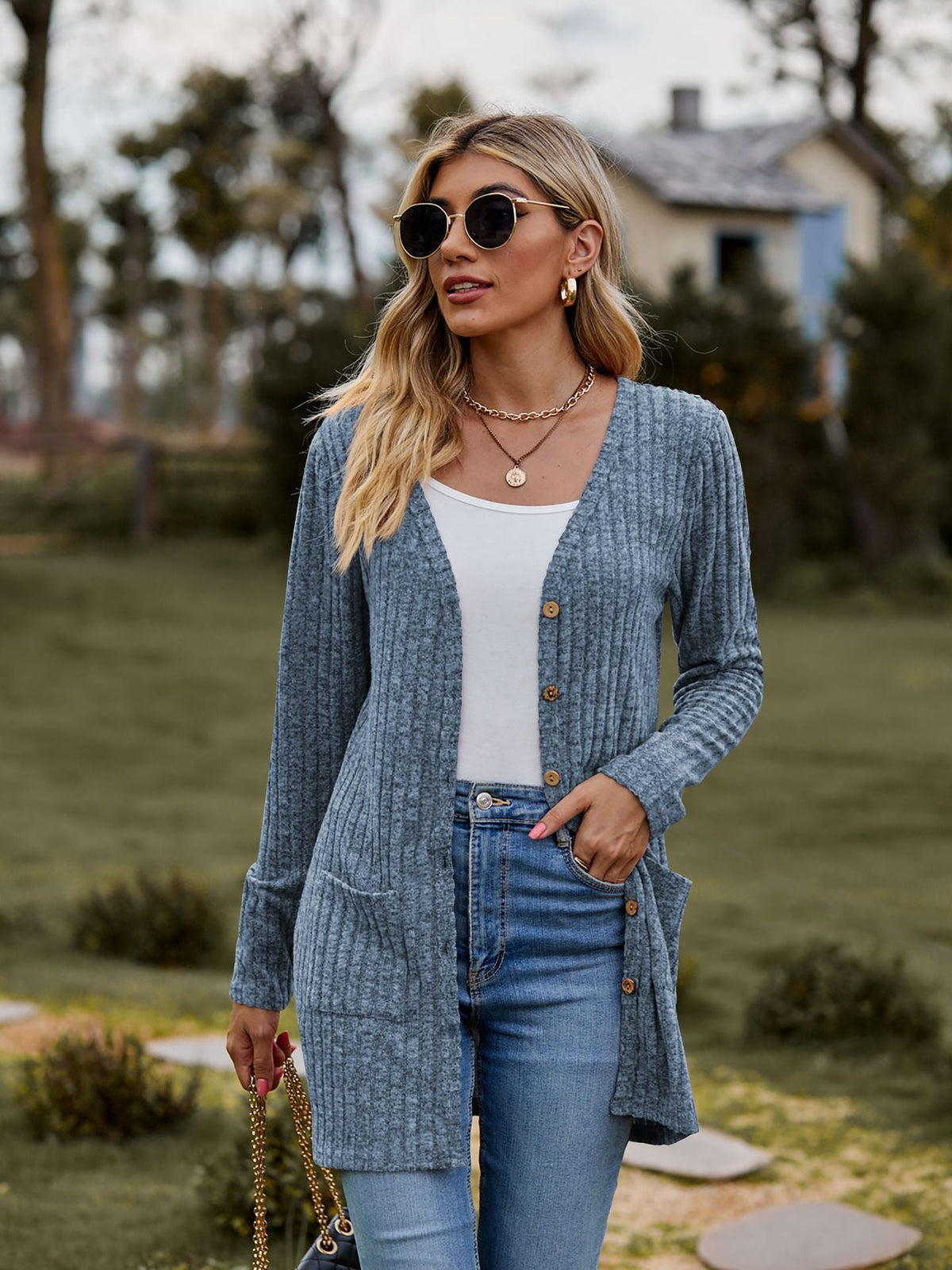 Ribbed Knit Longline Cardigan Button Front