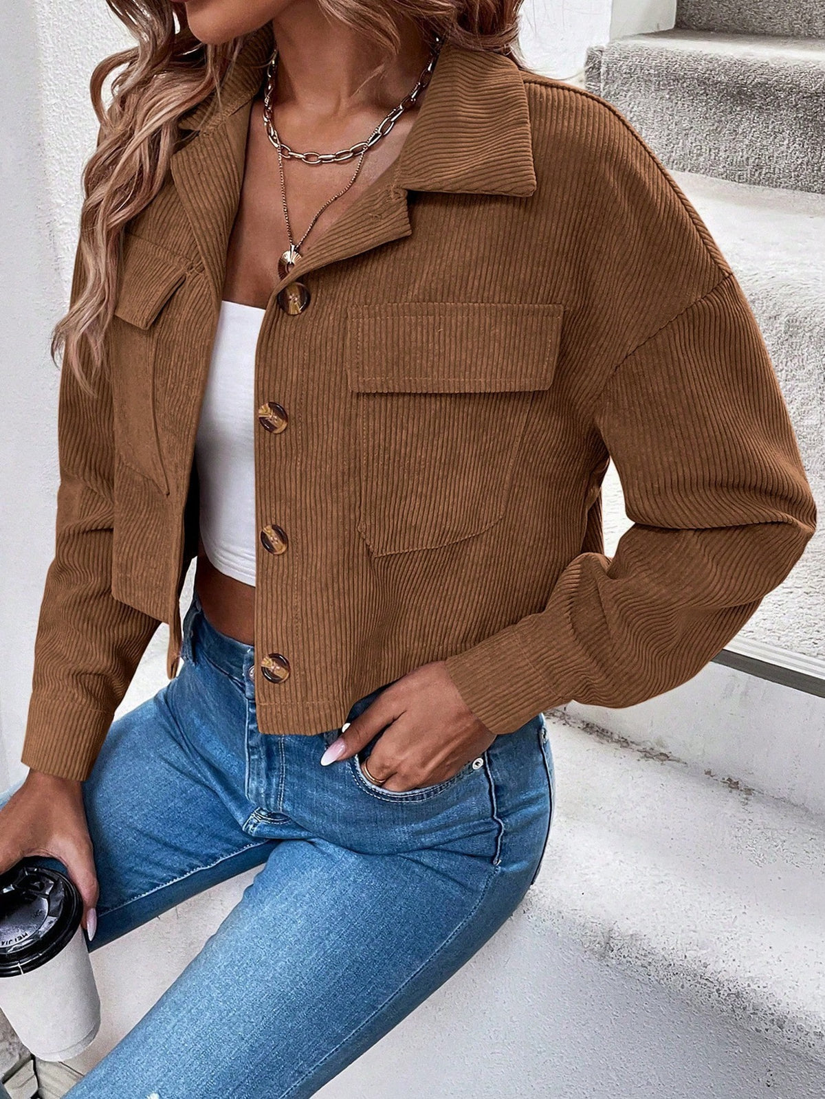 Women Corduroy Cropped Shacket Button Up Jacket