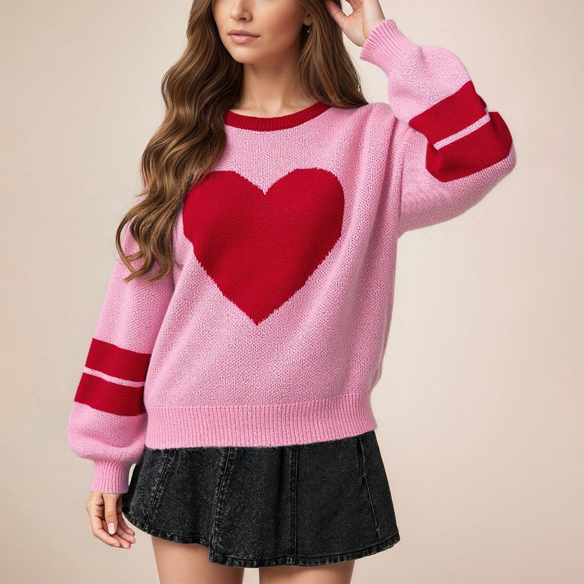 Valentine Heart Sweater Women Oversized Color Block Knit