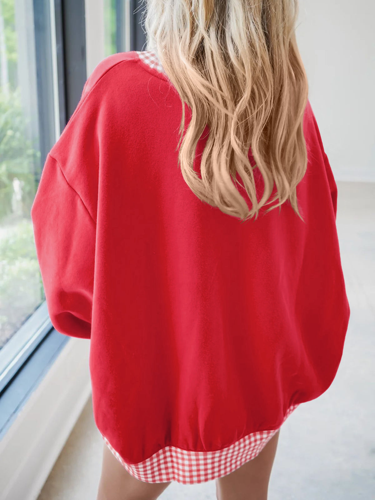 Women's Oversized Fleece Plaid Trim Mock Neck Sweatshirt