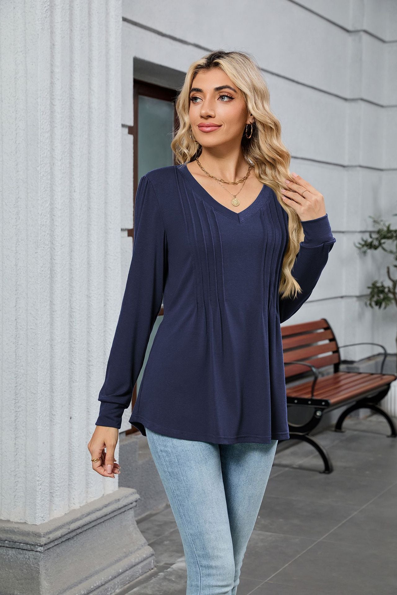 V-Neck Pleated Top – Soft Jersey Long Sleeve Tee