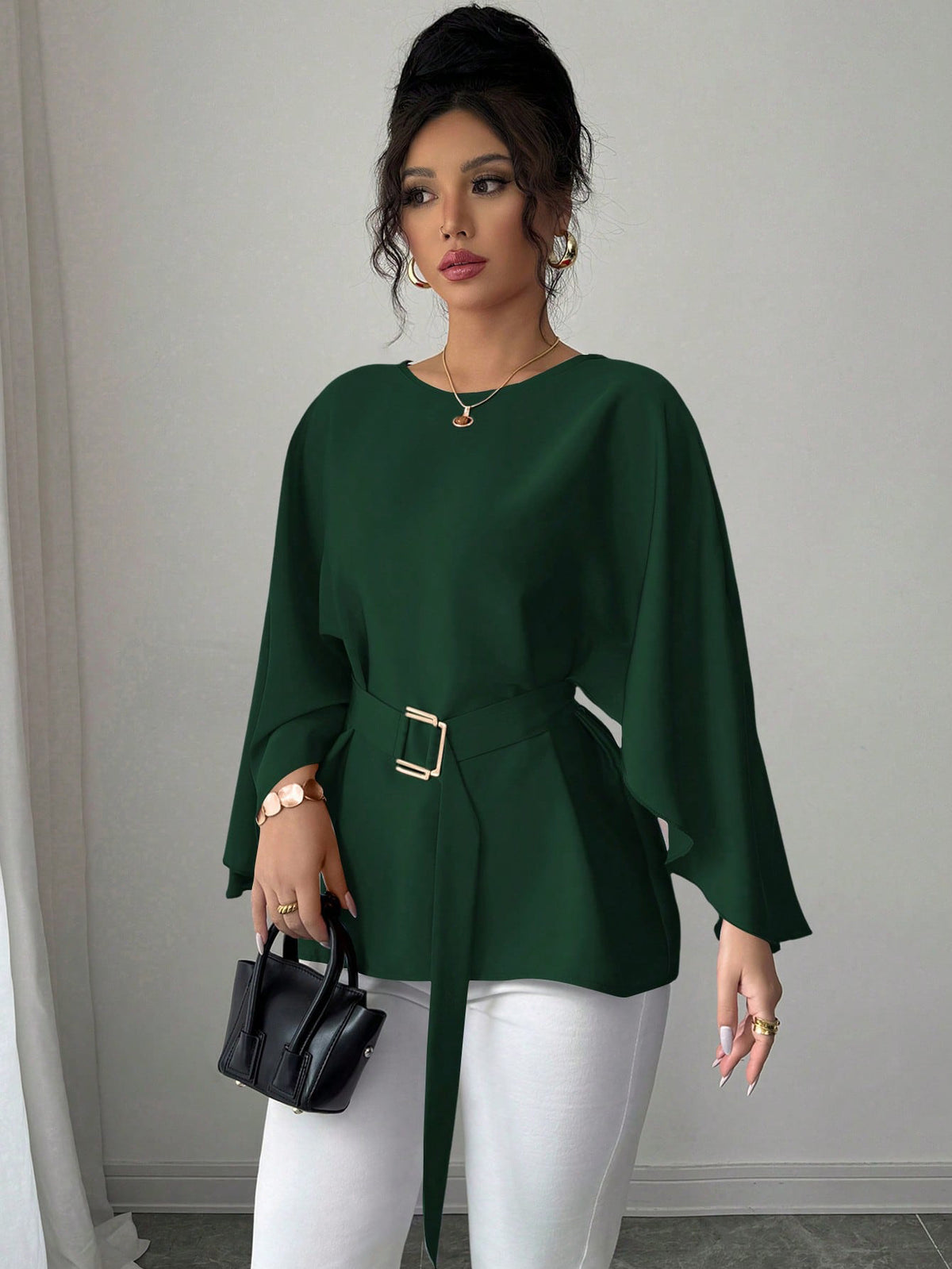 Women's French Vintage Bell Sleeve Belted Round Neck Blouse