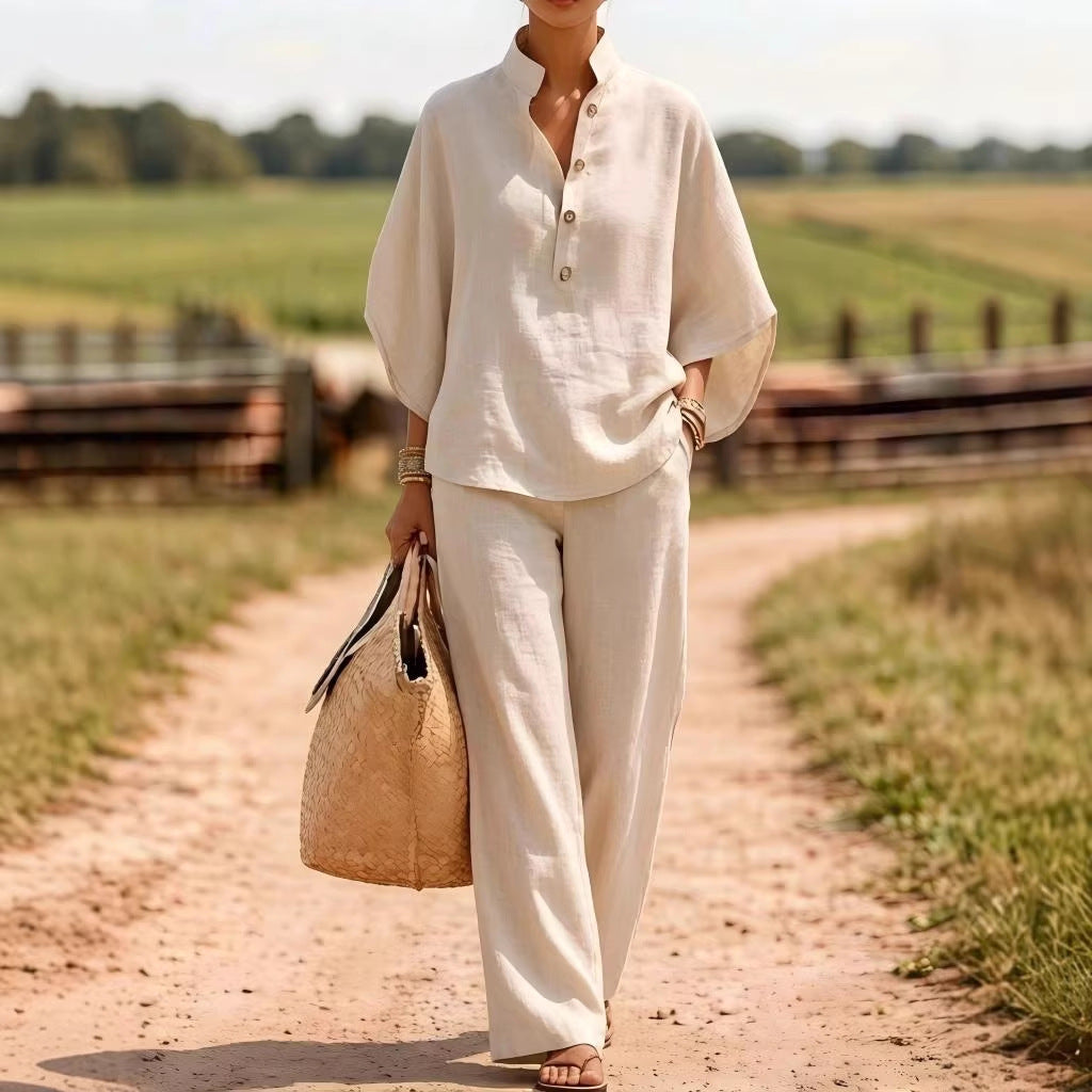 Solid Linen Blend Button Top Wide Leg Pant Set