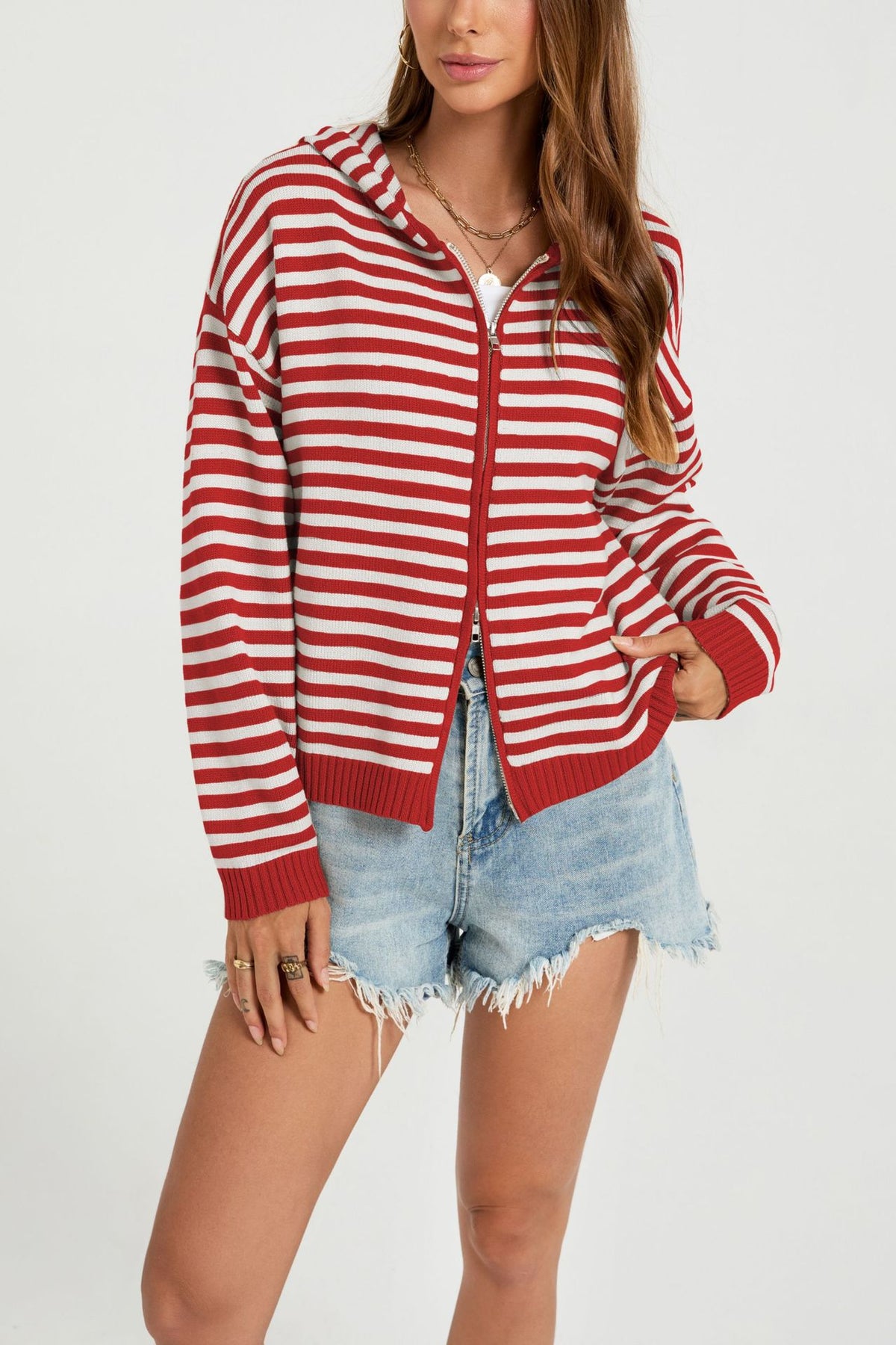 Women's Oversized Striped Hooded Zip Up Cardigan Sweater