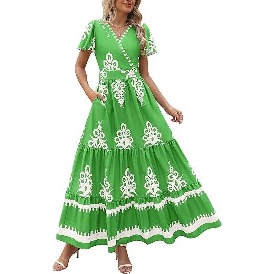 V Neck Floral Print Maxi Dress with Short Sleeves and Pockets