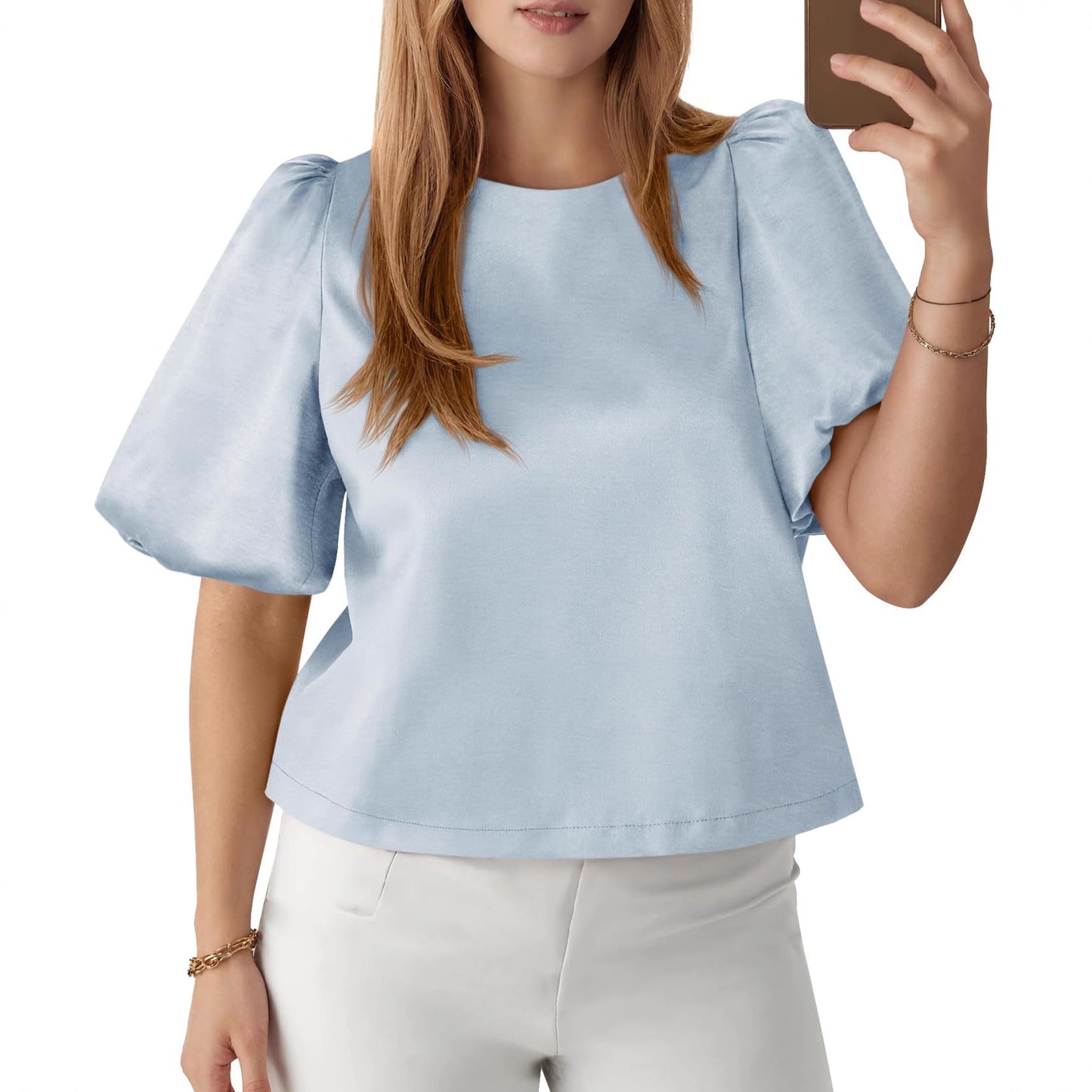 Satin Puff Sleeve Round Neck Elegant Blouse Top