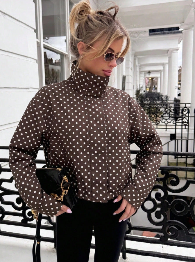 Polka Dot Woven Jacket Trendy Zip Up Stand Collar