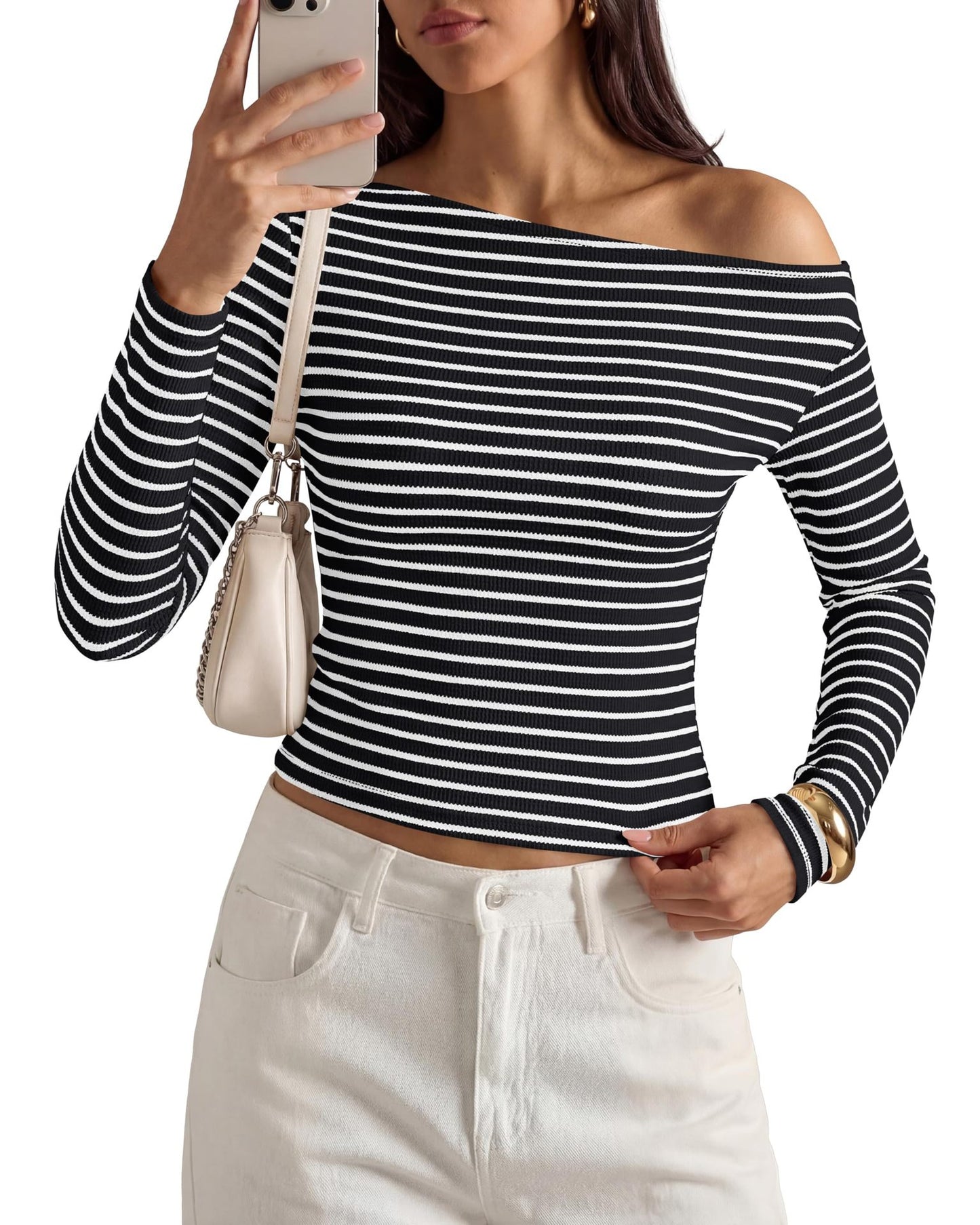 Ribbed Off Shoulder Striped Long Sleeve Knit Top