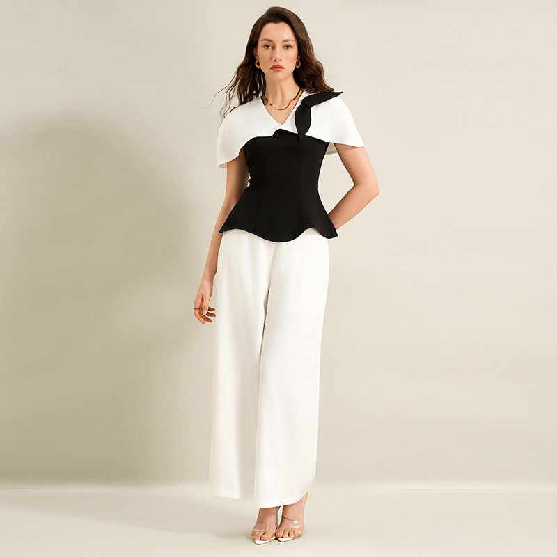 Elegant Black White Contrast Two Piece Pant Set