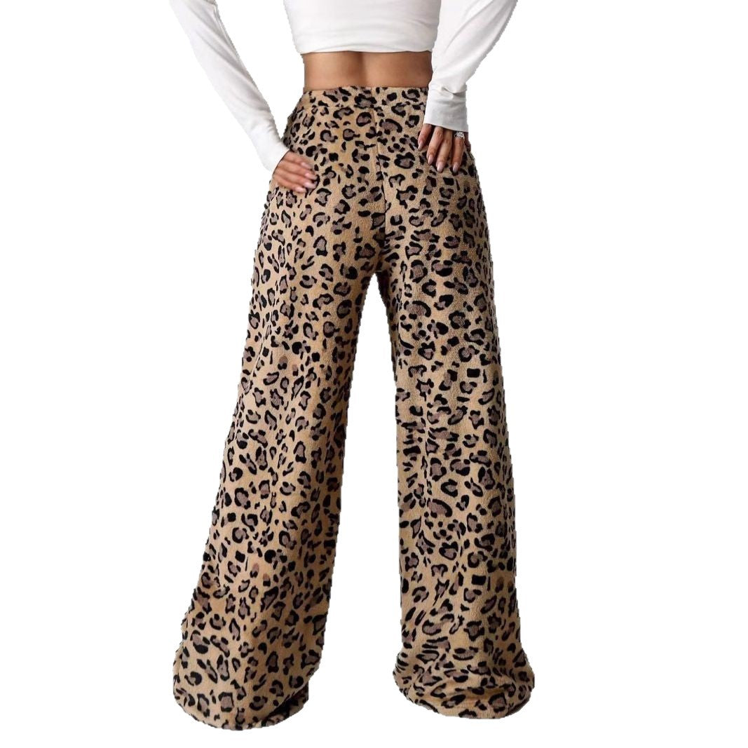 Leopard Print Wide Leg Lounge Pants High Waist Drawstring