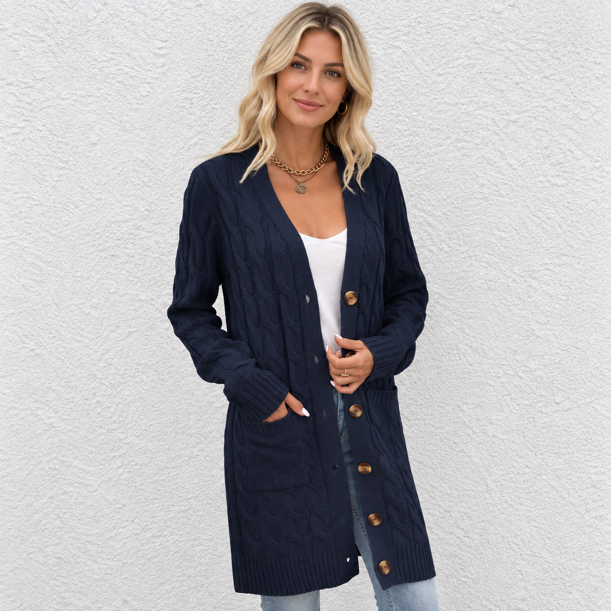Women's Long Cable Knit Cardigan Button Down Pockets