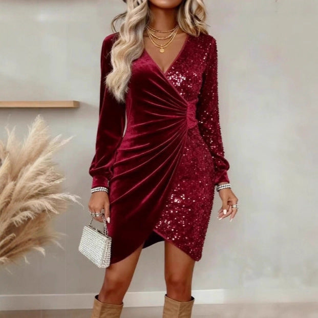 Sequin Velvet Wrap Mini Dress Ruched V Neck