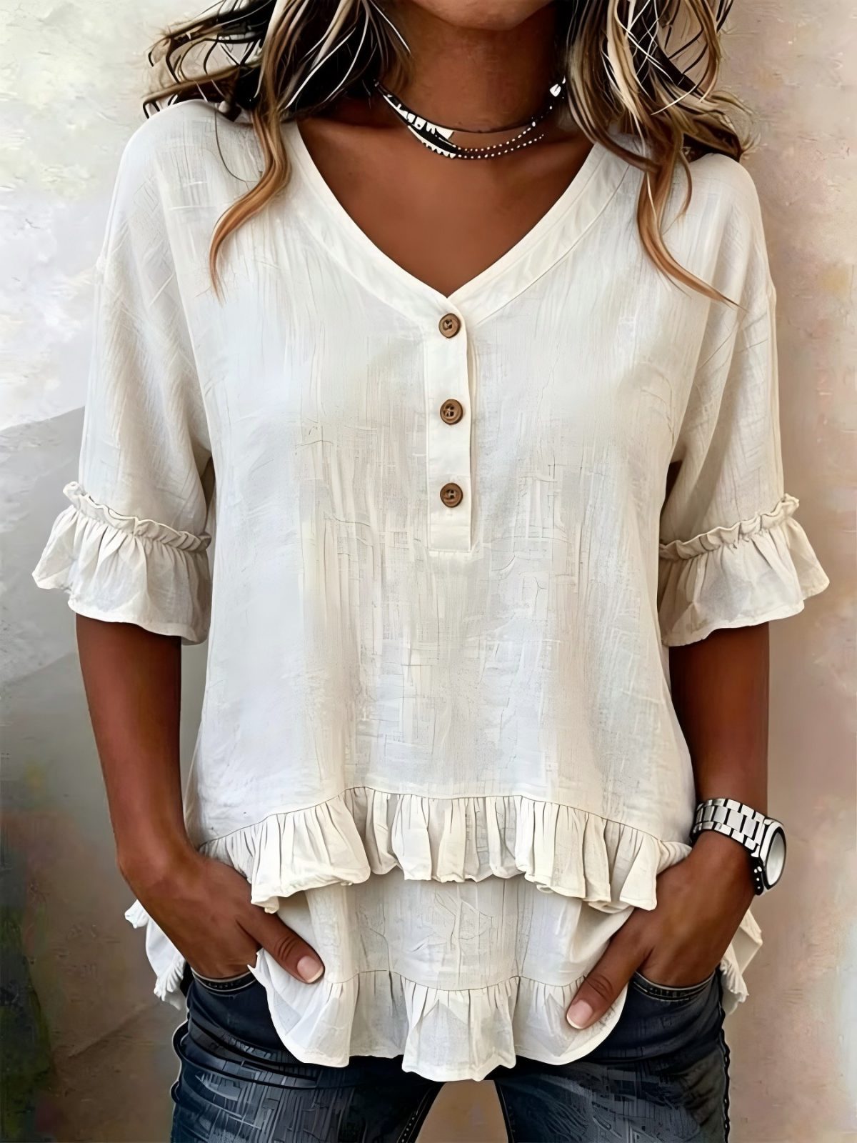 Ruffle Hem V-Neck Blouse with Short Flounce Sleeves