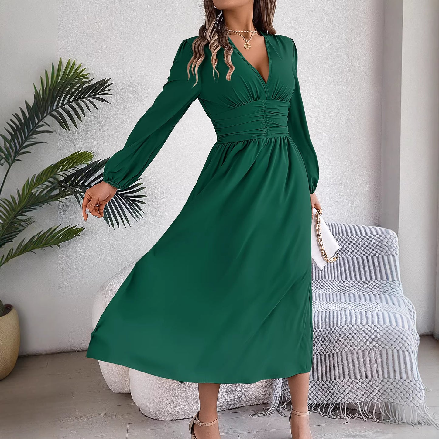 Women V Neck Long Sleeve Slit Waist Midi Dress