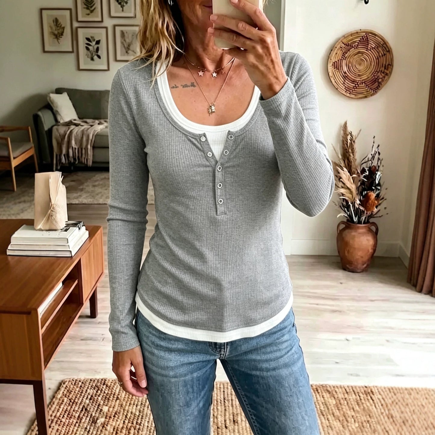 Ribbed Henley Top Layered Look Long Sleeve