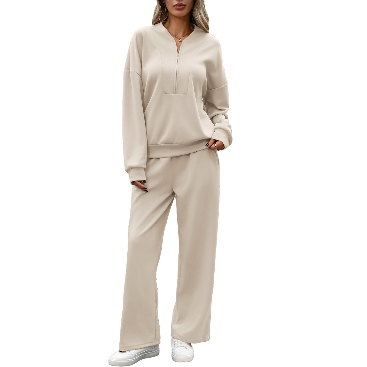 Women's Quarter Zip Sweatshirt Wide Leg Pants Lounge Set