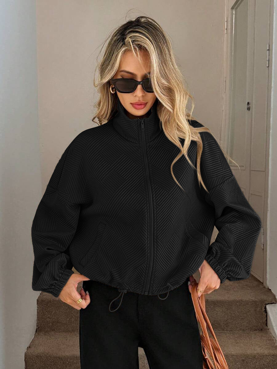 Textured Polyester Jacket Casual Bomber Oversized Zip Up