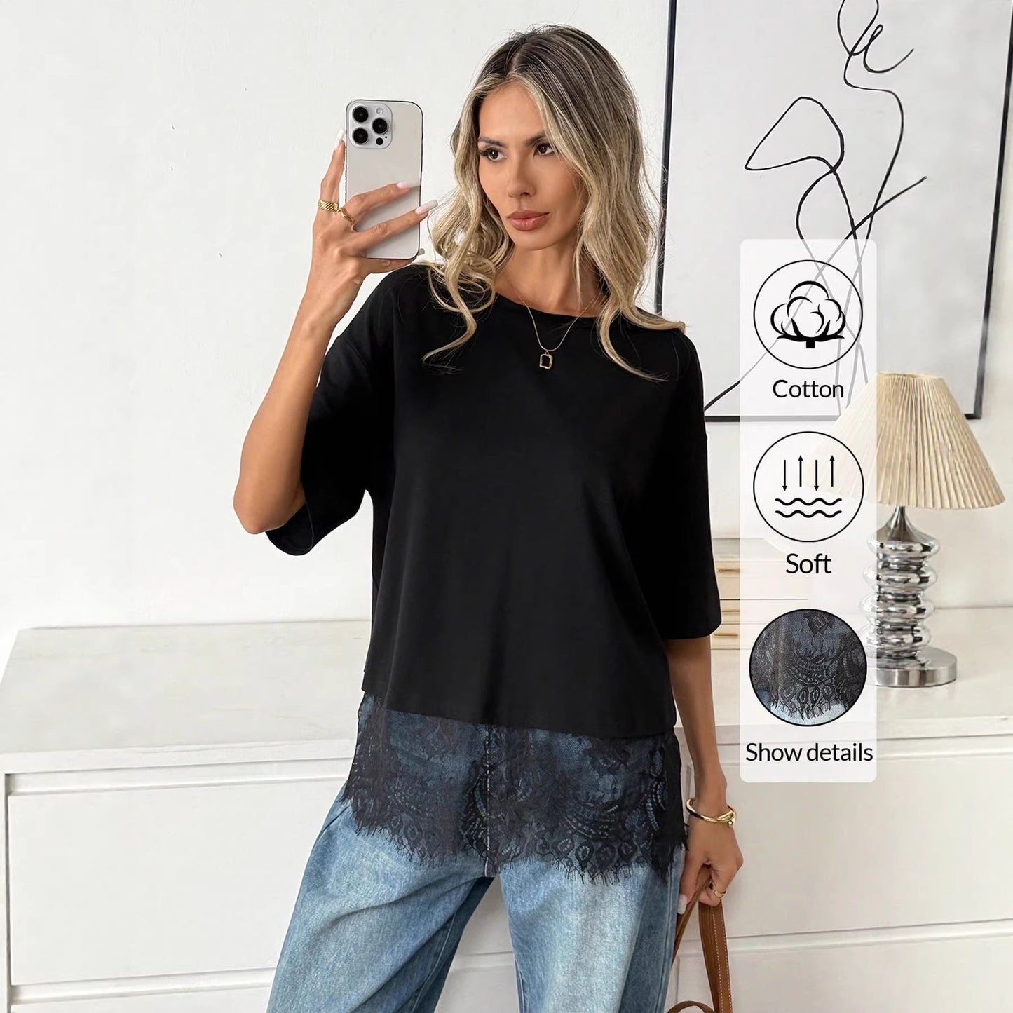 Women Lace Hem Loose Short Sleeve T Shirt