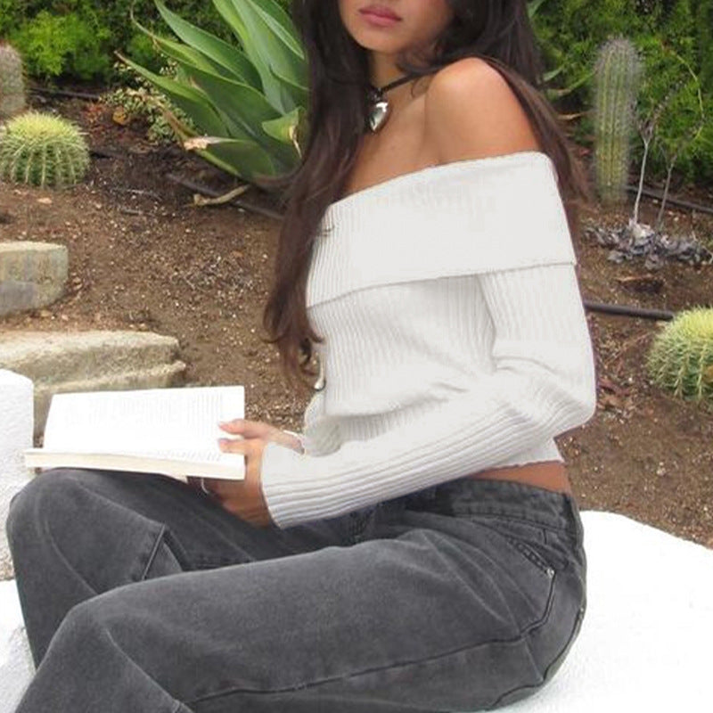 Off Shoulder White Knit Crop Top Long Sleeve Sweater