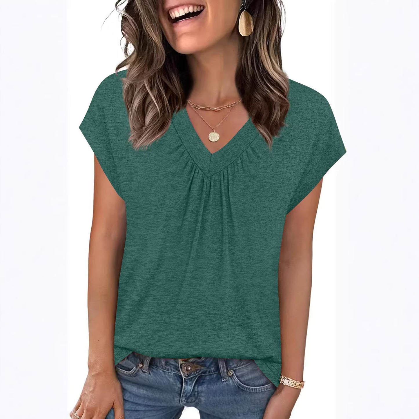 Heather Knit Tunic Top Casual V Neck Tee
