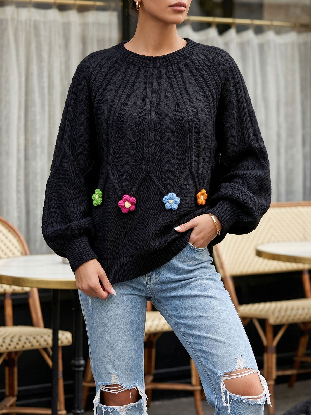 Women's Cable Knit Balloon Sleeve 3D Floral Sweater