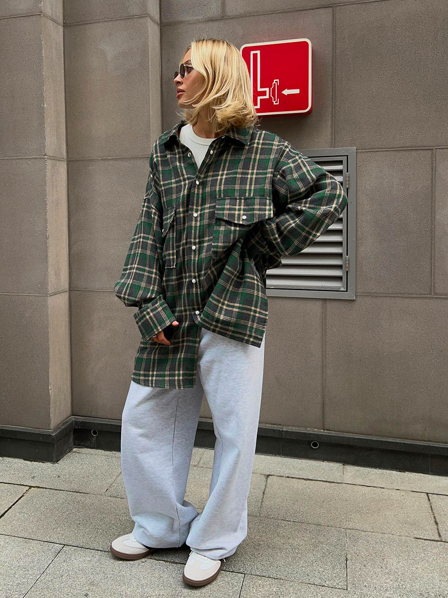 Plaid Button-Down Shirt with Flap Pockets  Oversized Fit