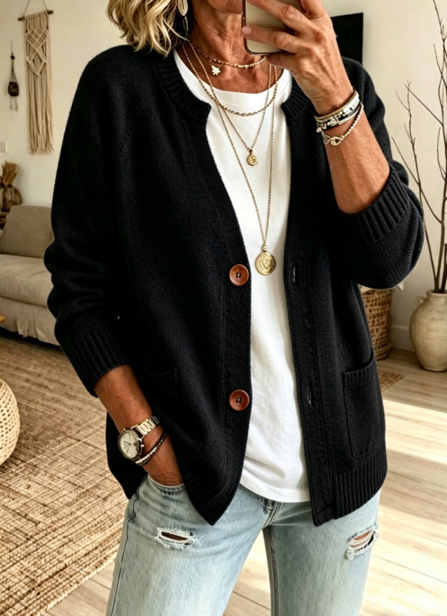 Button Front Crew Neck Pocket Knit Cardigan