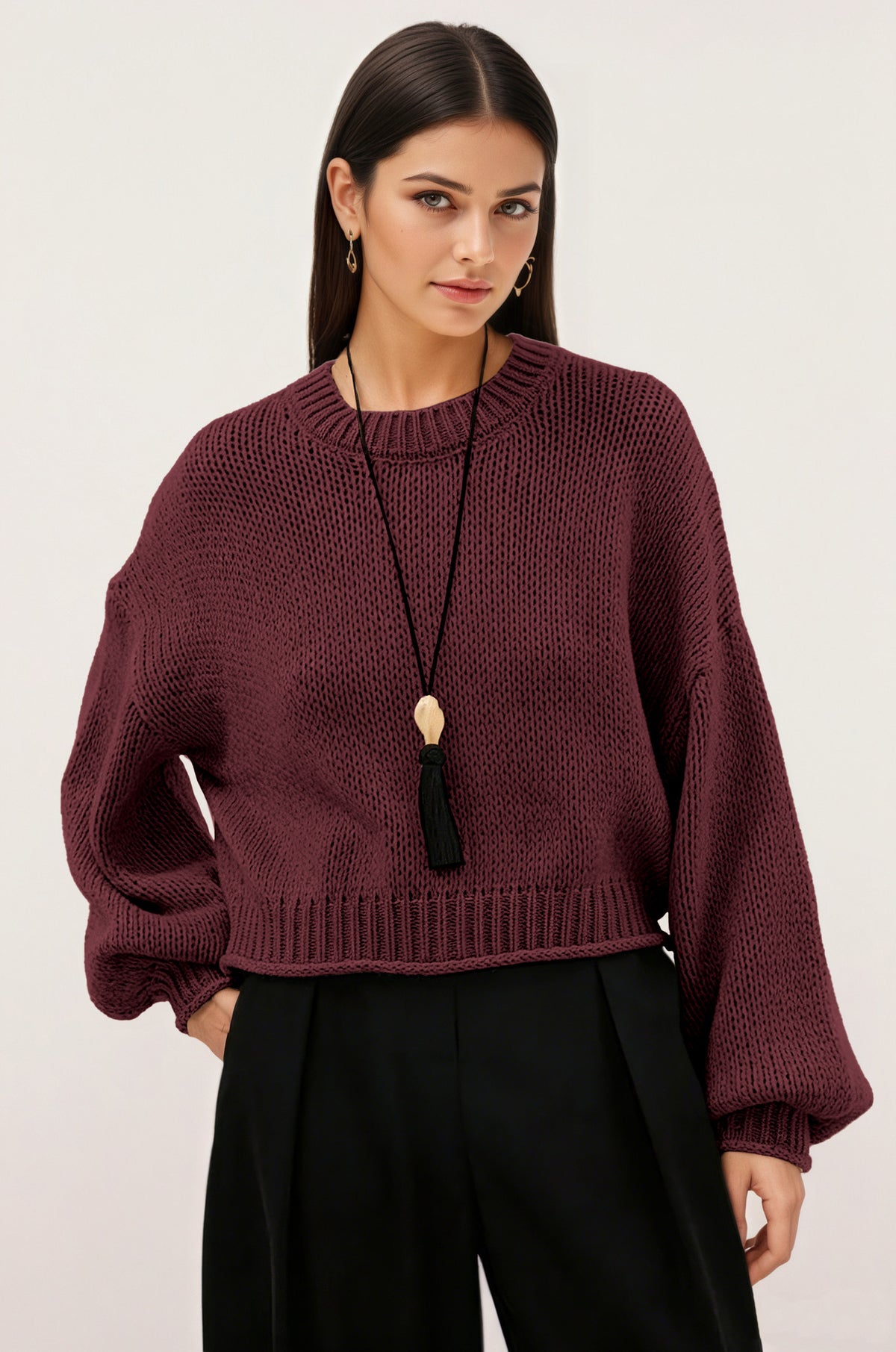Women's Oversized Cropped Chunky Crew Neck Sweater