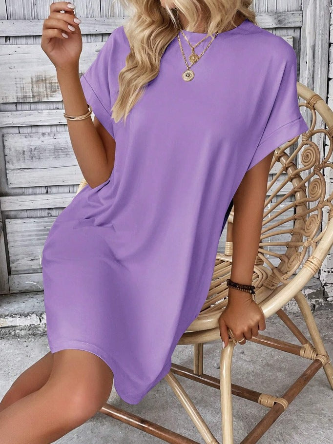 Oversized Crew Neck Casual T Shirt Dress With Pockets