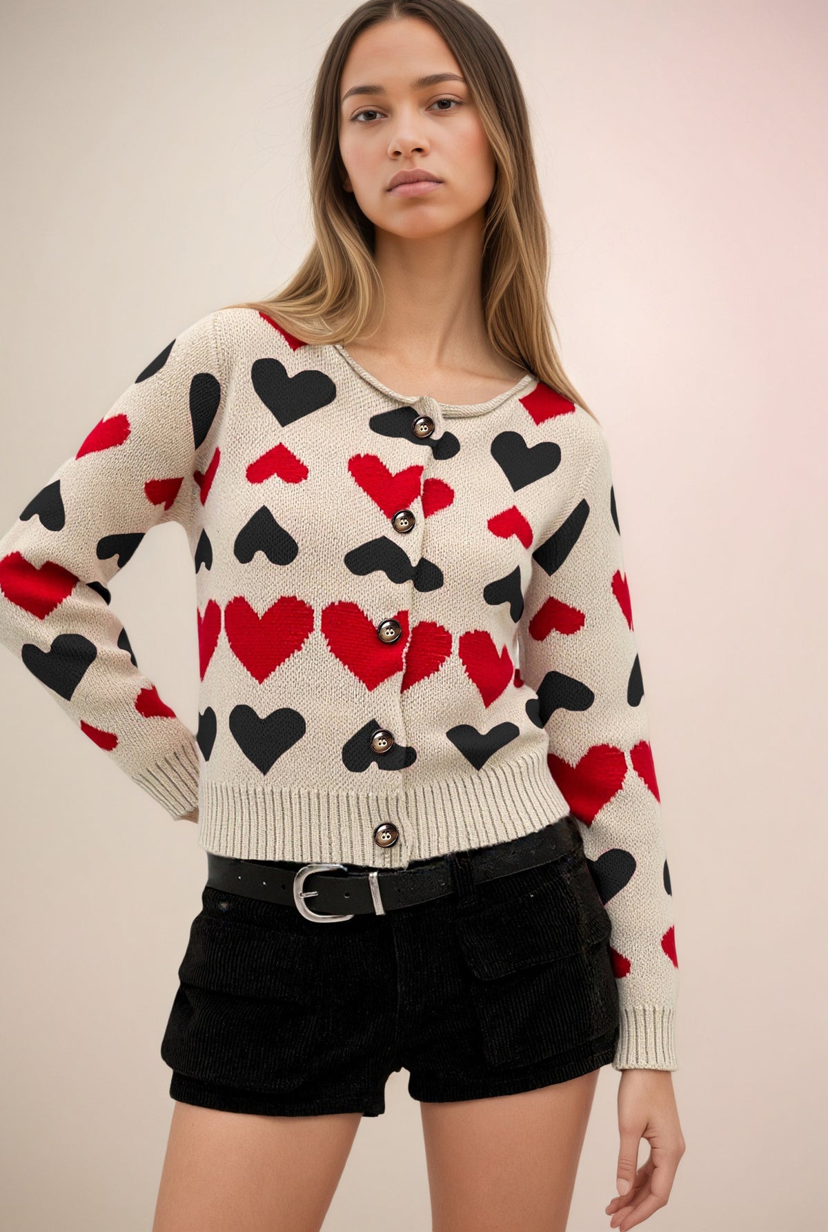 Women's Heart Print Button Front Knit Cardigan Sweater