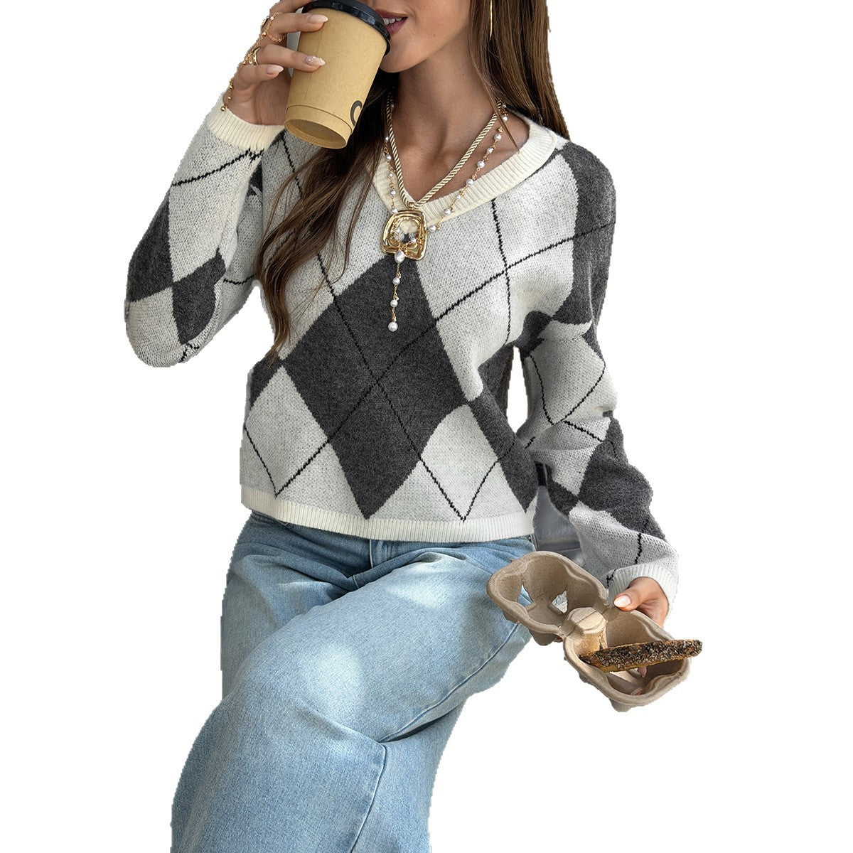 Women's Argyle V-Neck Cropped Sweater Preppy Fall Knit