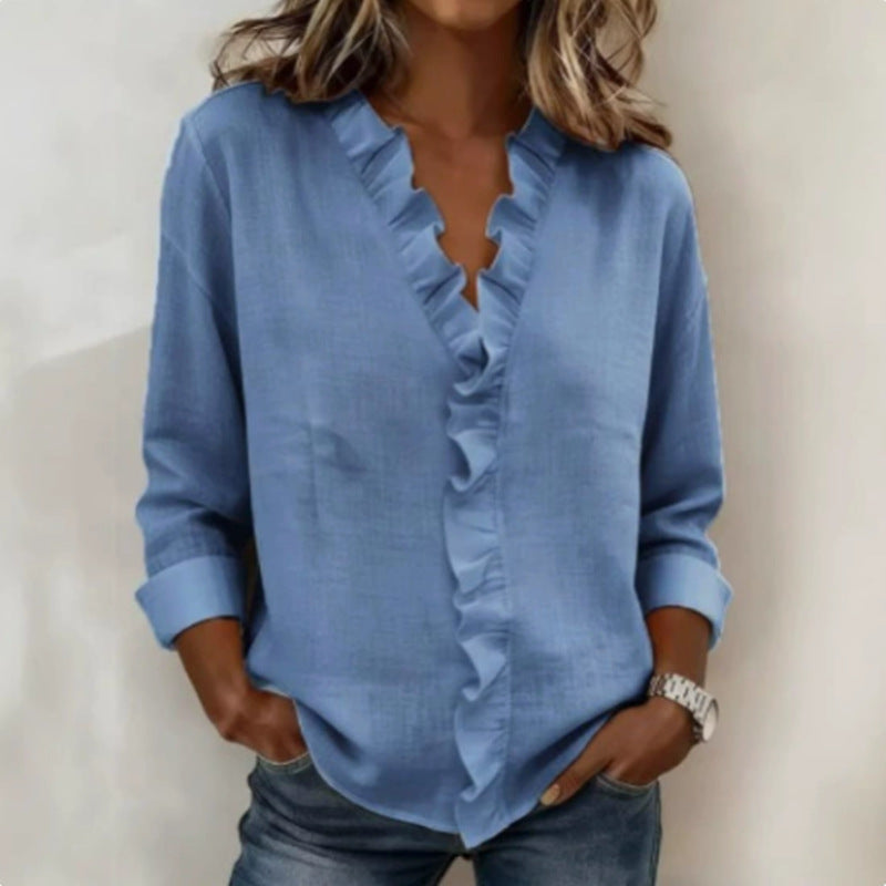 Ruffle Trim V Neck Long Sleeve Button Blouse