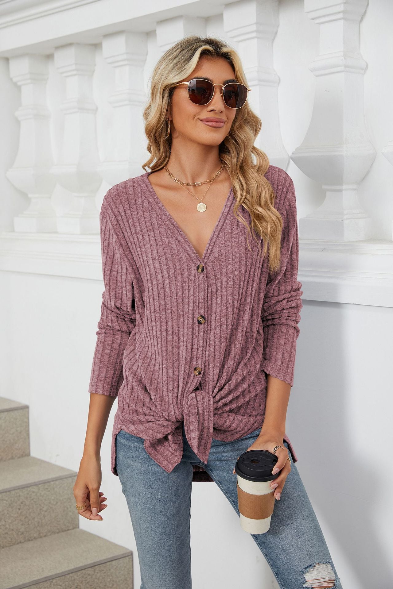 Solid Color Long Sleeve Button Cardigan Knitted
