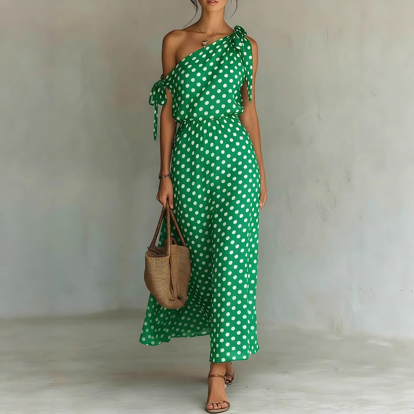 Polka Dot One-Shoulder Maxi Dress with Tie Straps