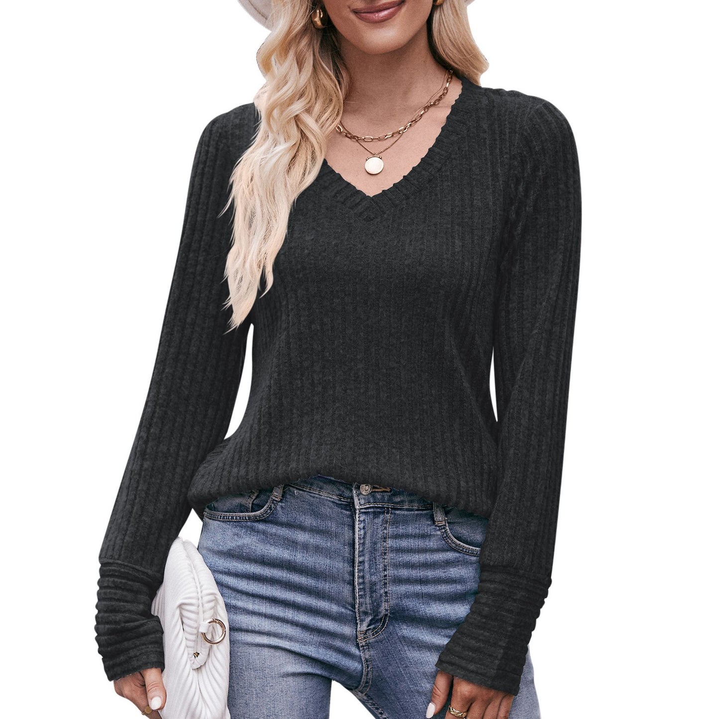 Ribbed V Neck Long Sleeve Knit Top for Women