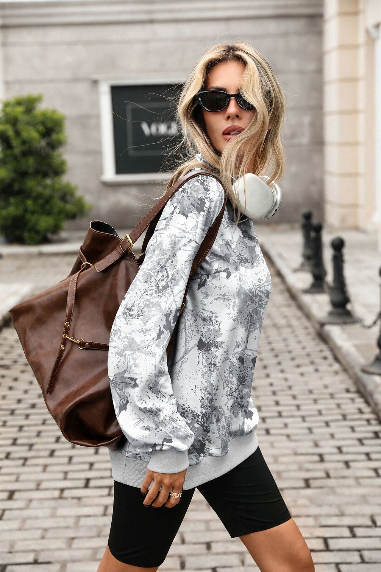 Camo Print Oversized Crew Neck Pullover Sweatshirt