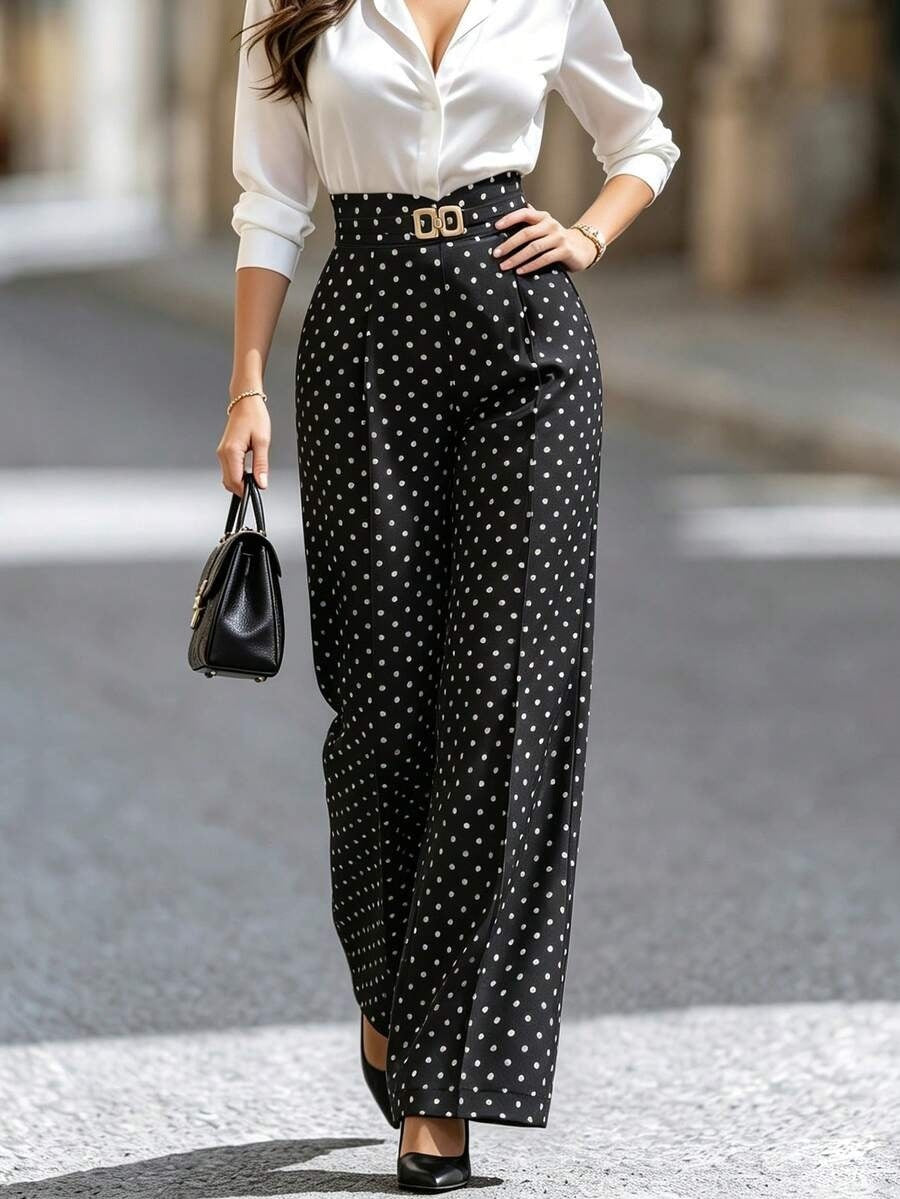 Women's Polka Dot High Waisted Wide Leg Black Dress Pants