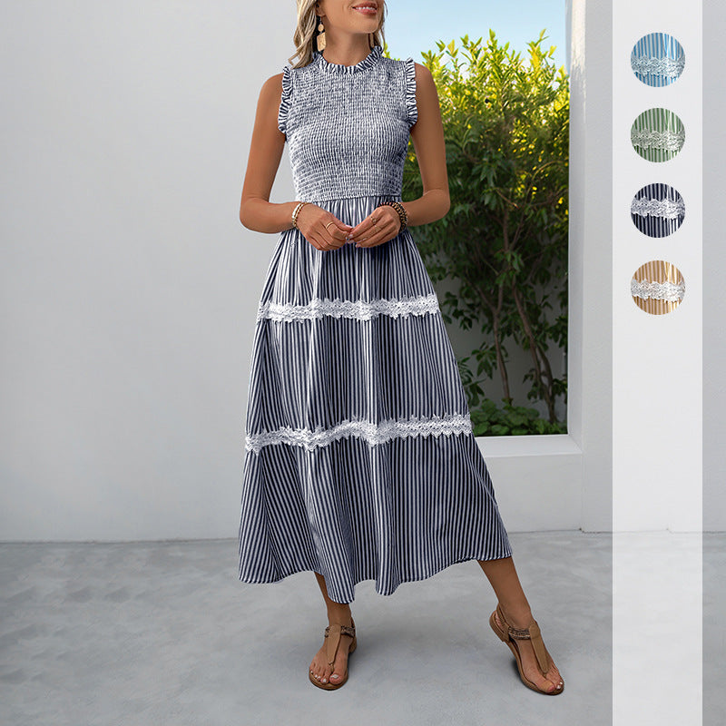 Striped Lace Trim Sleeveless Midi Dress for Summer
