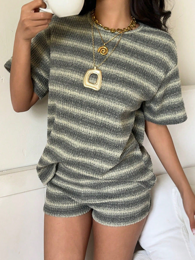 Striped Knit Lounge Set Boutique Shorts Fitted Ribbed