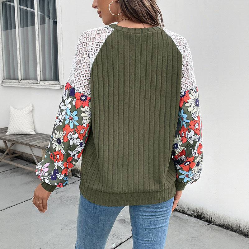 Floral Patchwork Sleeve Knit Top Round Neck Pullover
