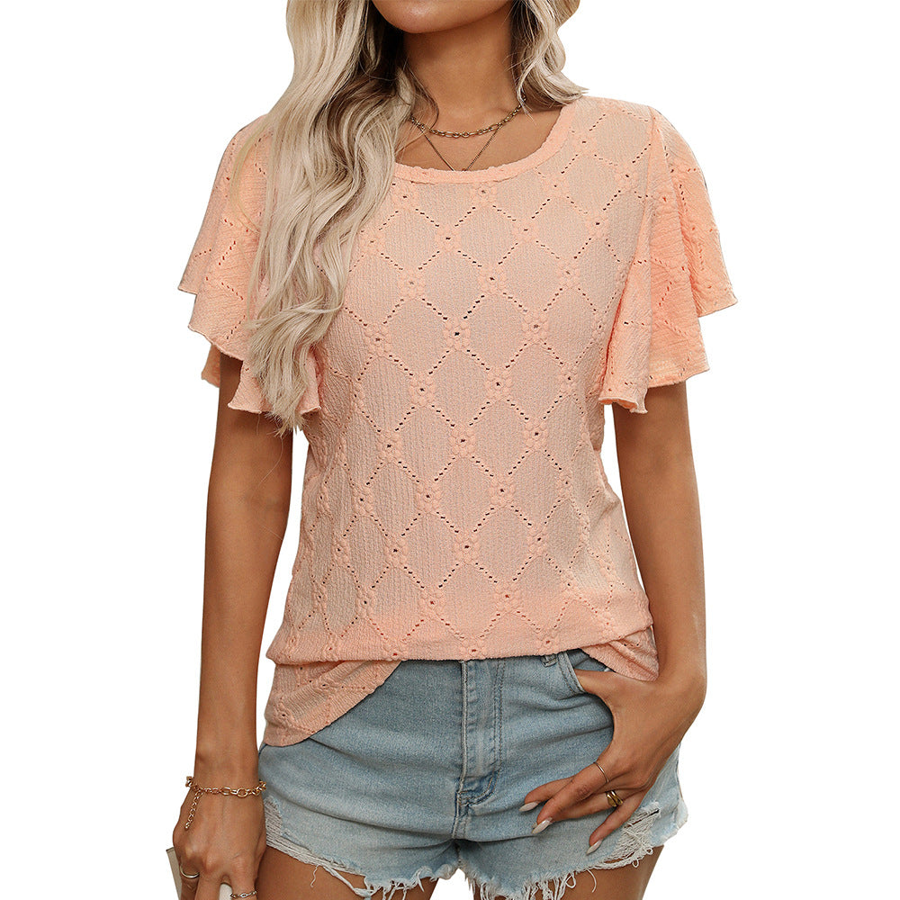Eyelet Ruffle Sleeve Floral Knit Casual Summer T Shirt
