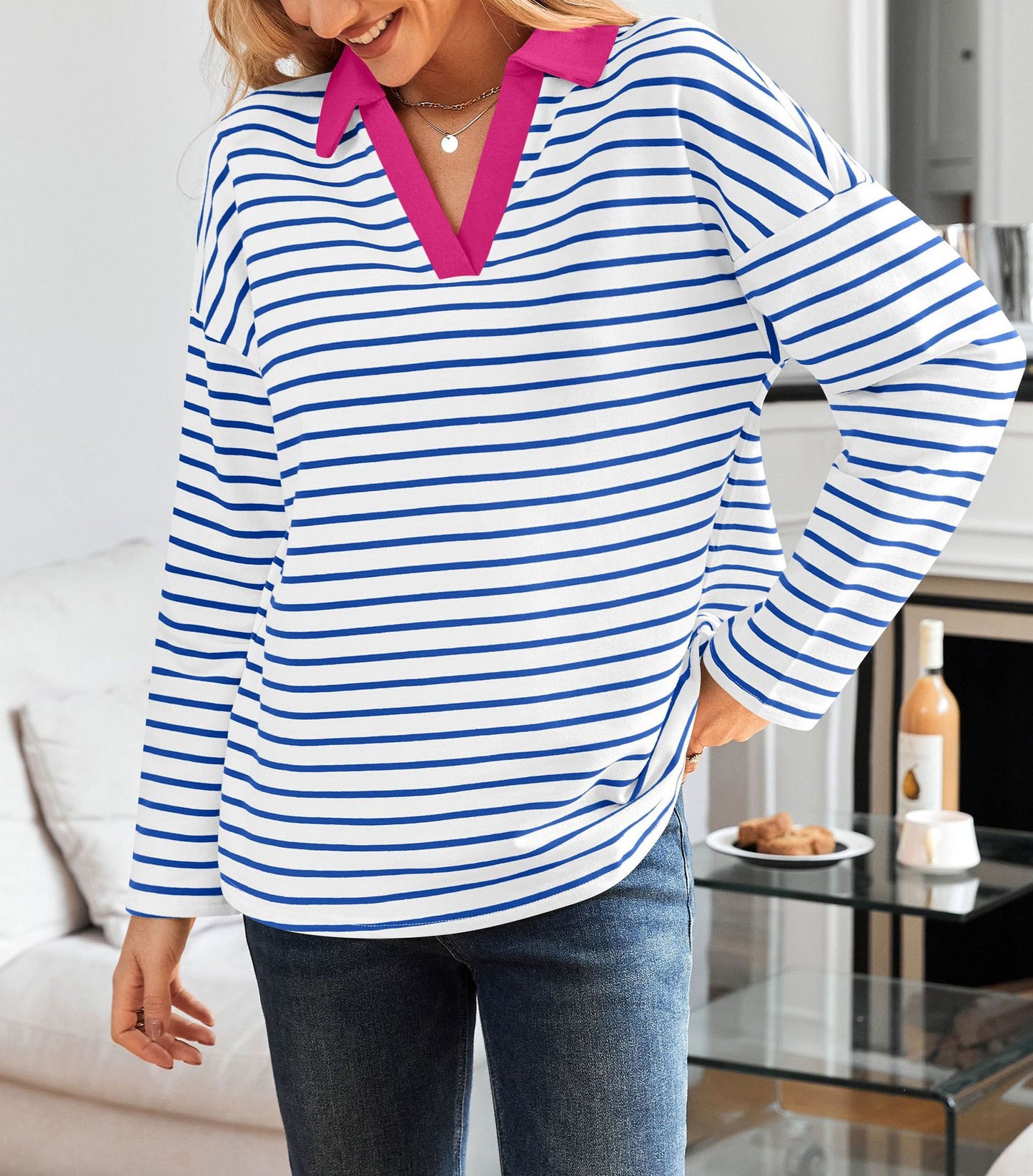 Striped V-neck Loose Sweatshirt Lapel Sweater