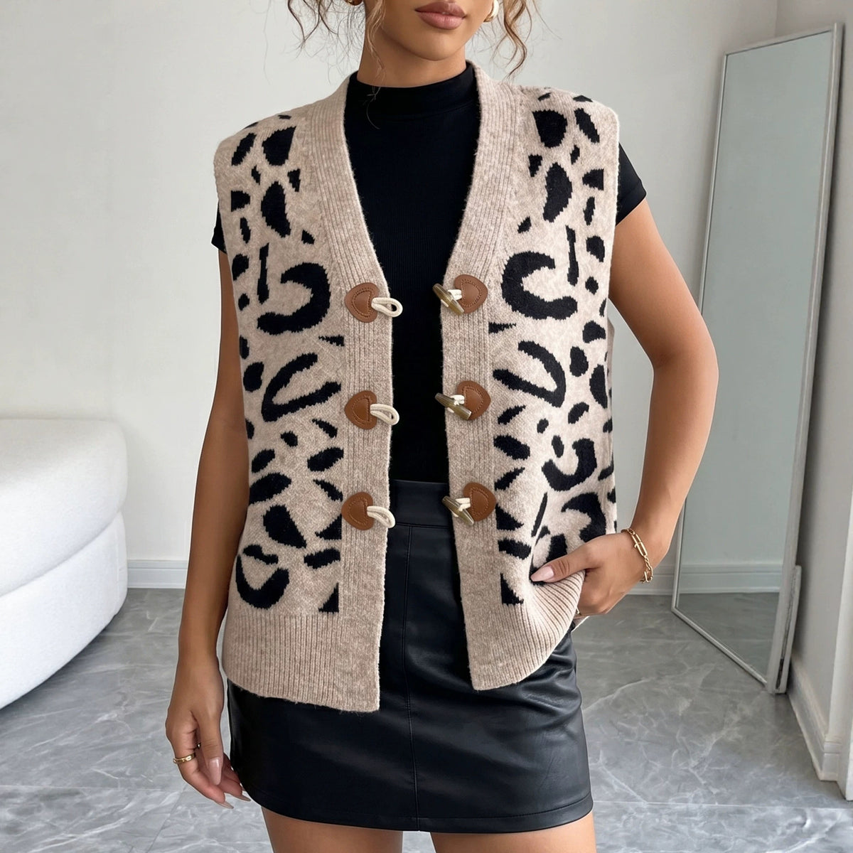 Women Leopard Sweater Vest V-Neck Toggle Button Knit