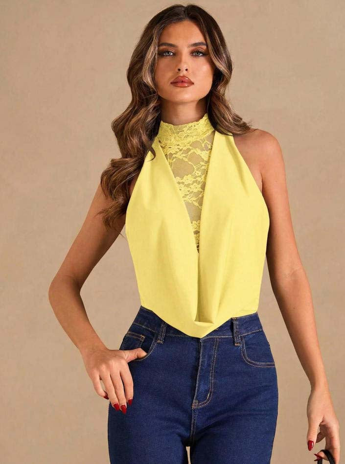 Lace Mesh Bodysuit Halter Draped Sexy Fitted Sleeveless