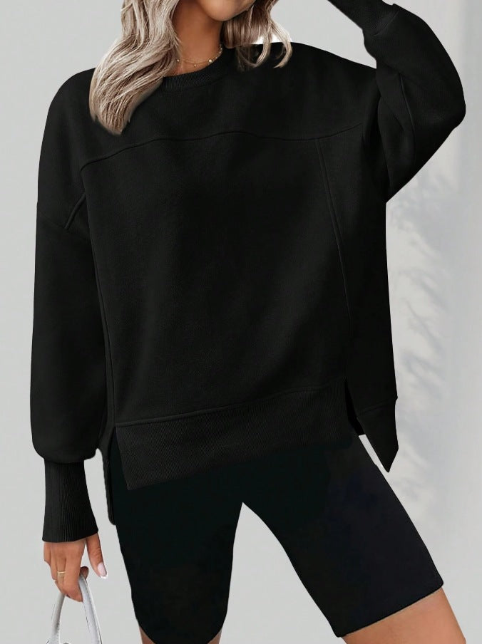 Solid Sweatshirt Casual Oversized Side Slit Pullover