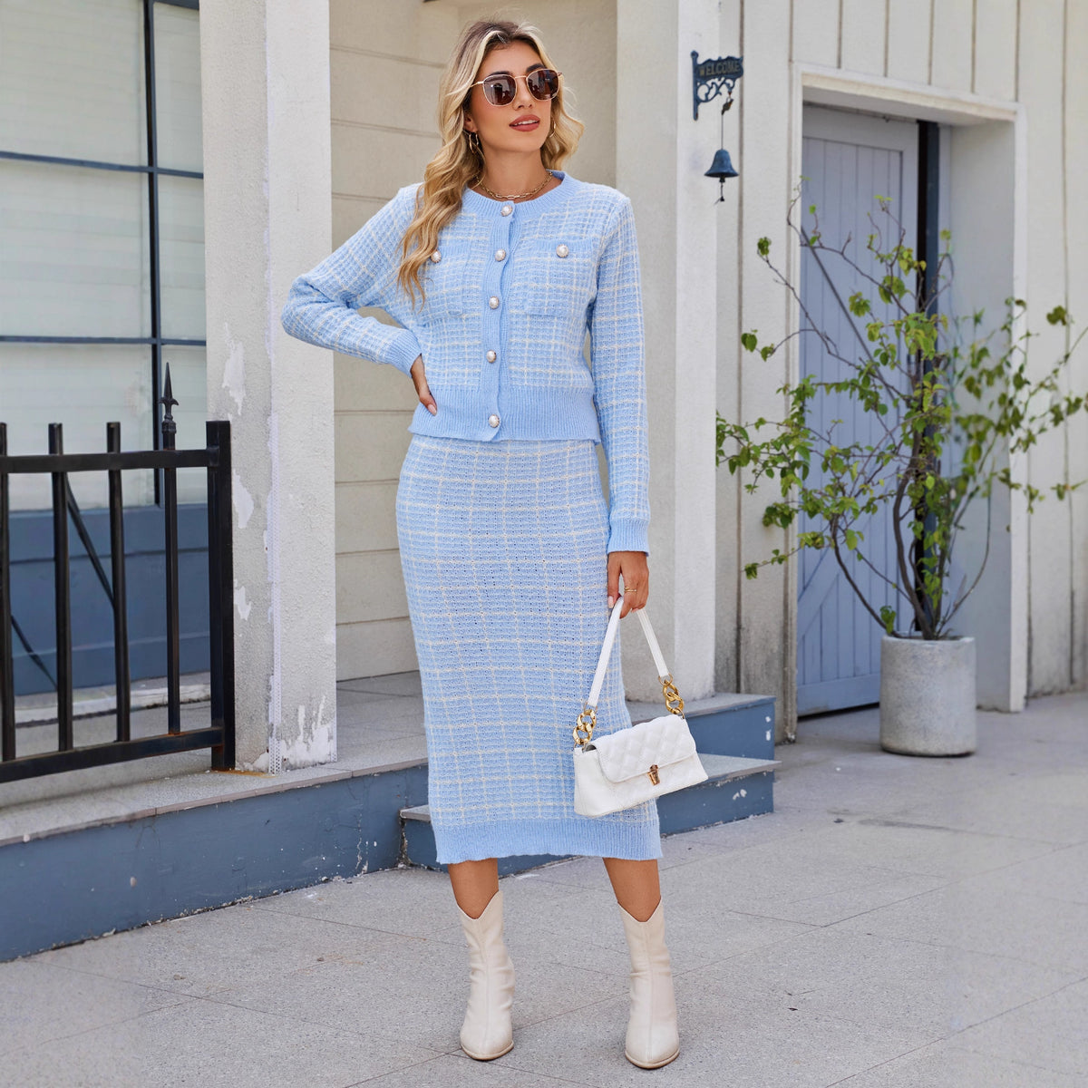 Women's Tweed Knit Cardigan & Skirt Two Piece Set