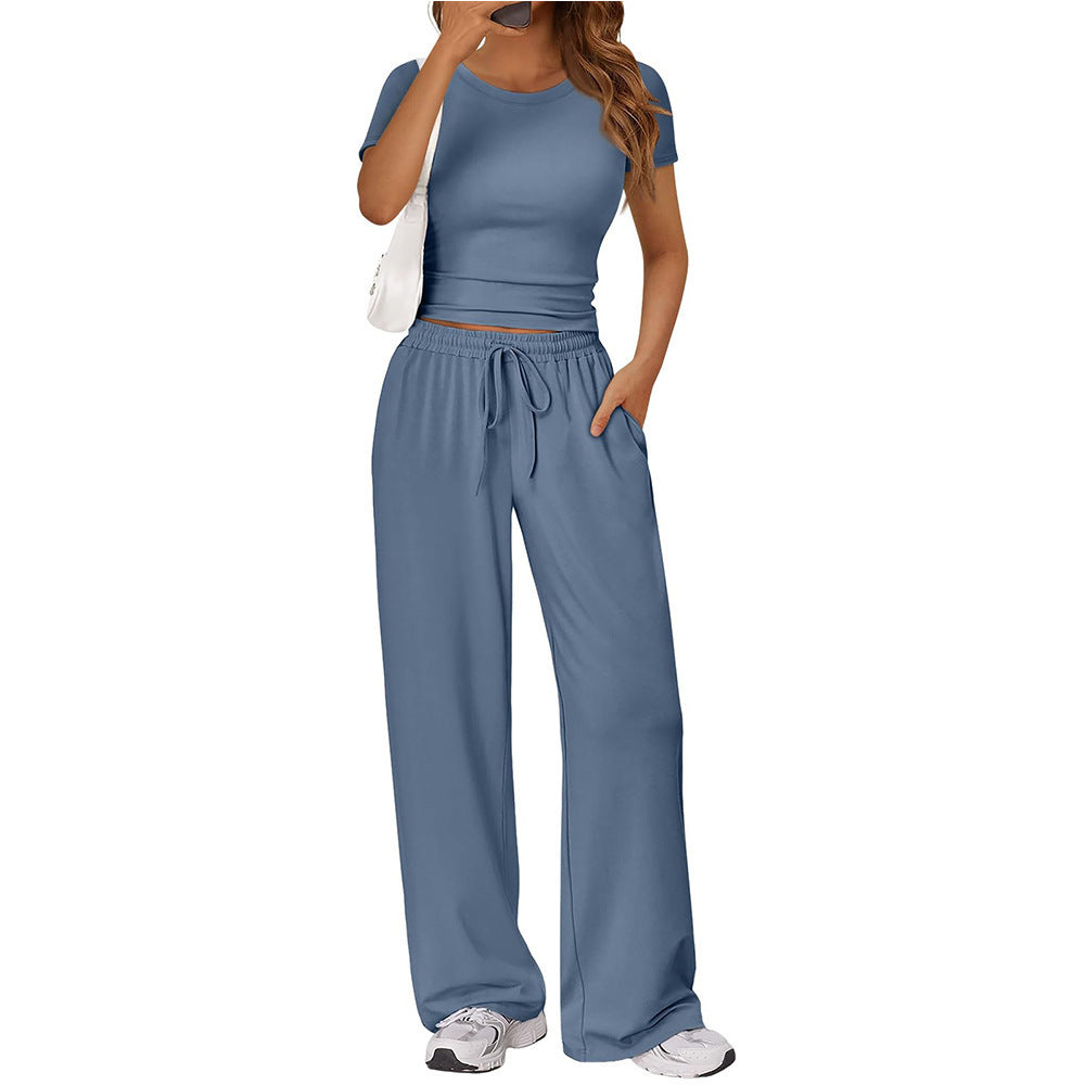 Women Y2K Two Piece Set Short Sleeve Crop Top Wide Leg Pants